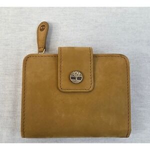 Timberland Leather Bi Fold Wallet Tan Snap Closure Tree Logo